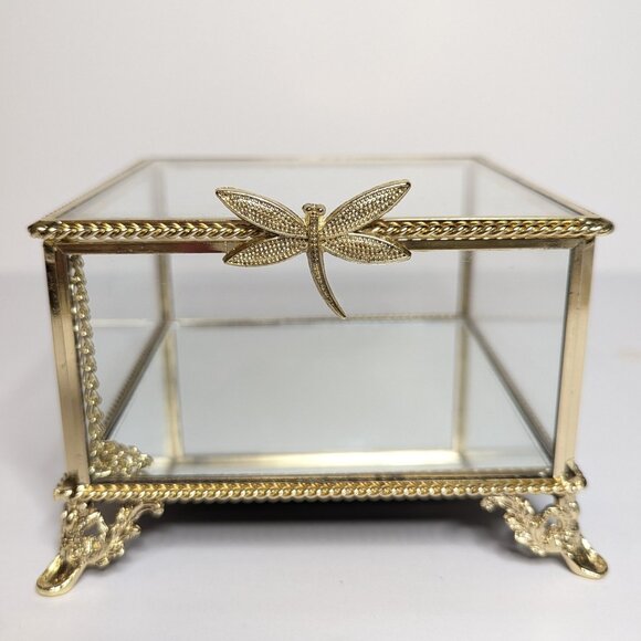 Rachel Ashwell Gold Glass and Mirror Trinket Jewelry Box with Dragonfly Accent - Picture 1 of 6